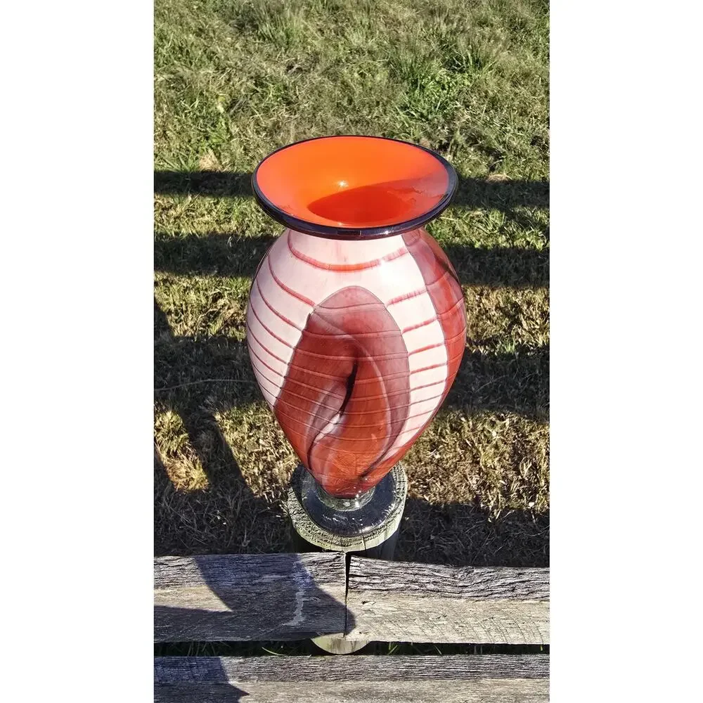 Vintage The Glass Forge Art Glass Vase Red Orange Signed 2002 Hand Blown USA